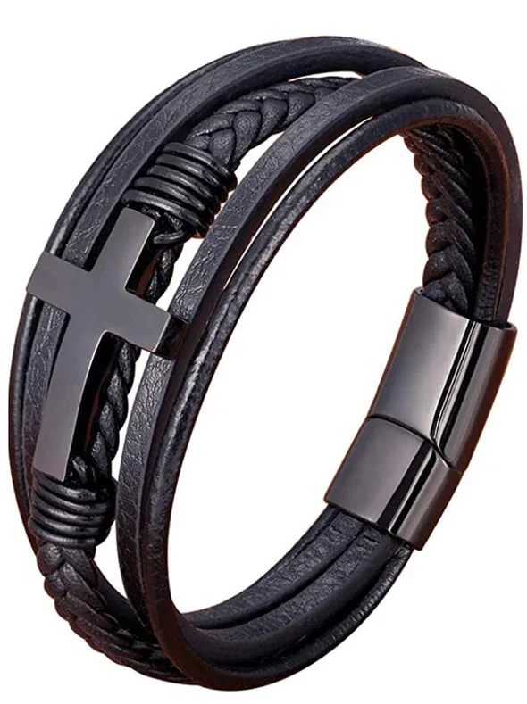 Bratara Faith cu cruce neagra din inox si piele naturala [8]