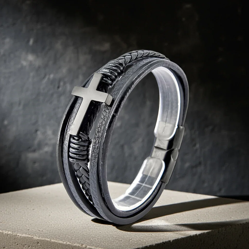 Bratara Faith cu cruce neagra din inox si piele naturala [4]