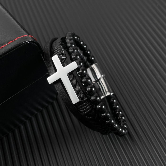 Bratara Faith tripla din inox, piele naturala si bazalt cu cruce argintie [3]