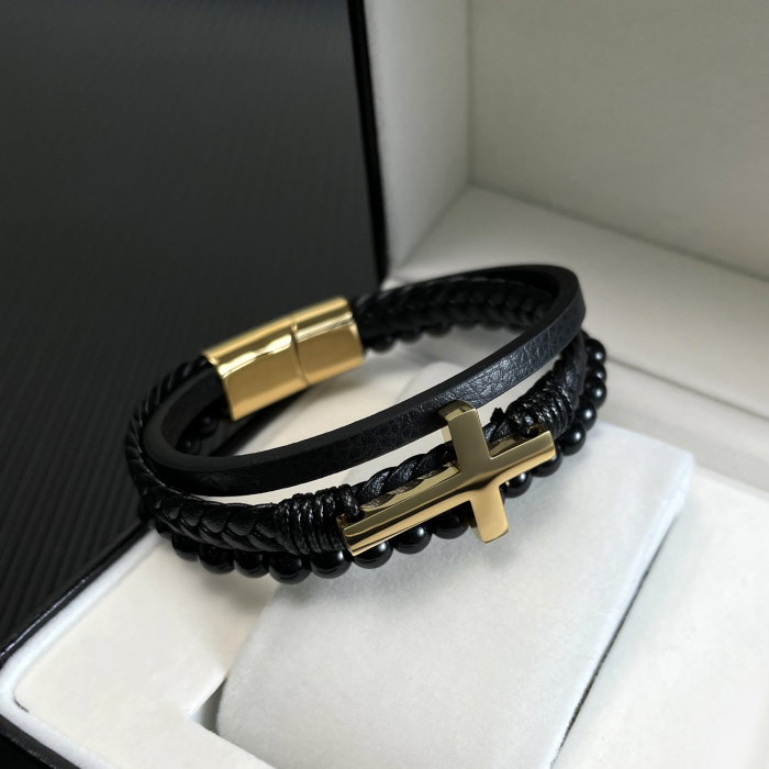 Bratara Faith tripla din inox, piele si bazalt cu cruce aurie [5]