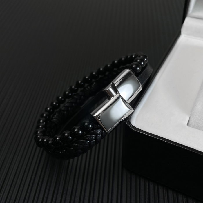 Bratara Faith tripla din inox, piele naturala si bazalt cu cruce argintie [4]