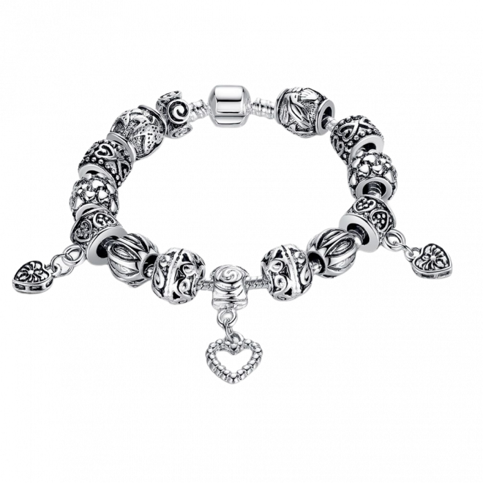 Bratara fantezie BeSpecial, BSTF0004, placata cu argint, cu talismane cu inimioare si flori [1]