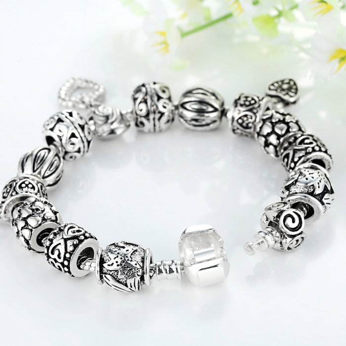 Bratara fantezie BeSpecial, BSTF0004, placata cu argint, cu talismane cu inimioare si flori [2]