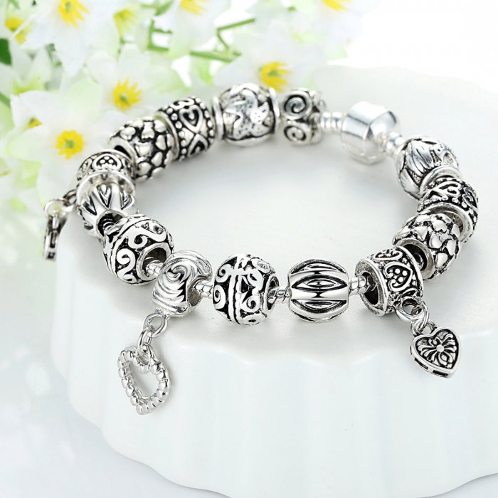 Bratara fantezie BeSpecial, BSTF0004, placata cu argint, cu talismane cu inimioare si flori [3]