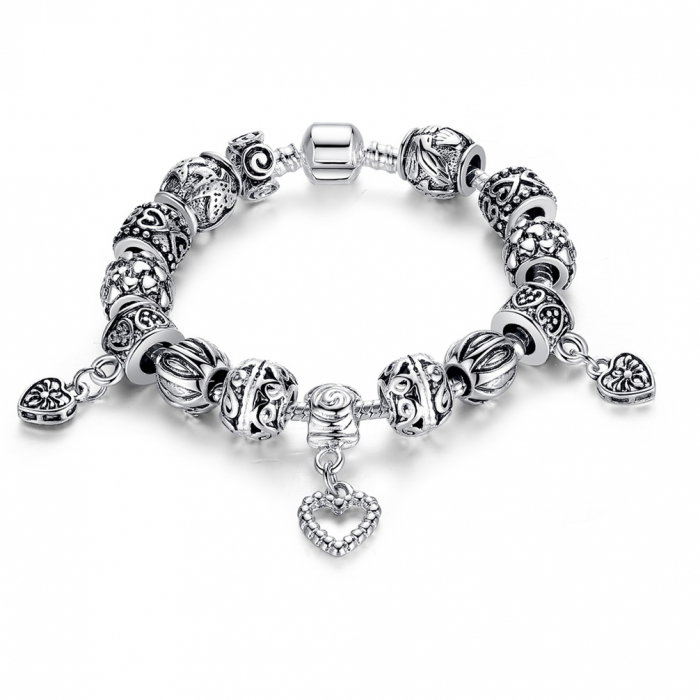 Bratara fantezie BeSpecial, BSTF0004, placata cu argint, cu talismane cu inimioare si flori [7]