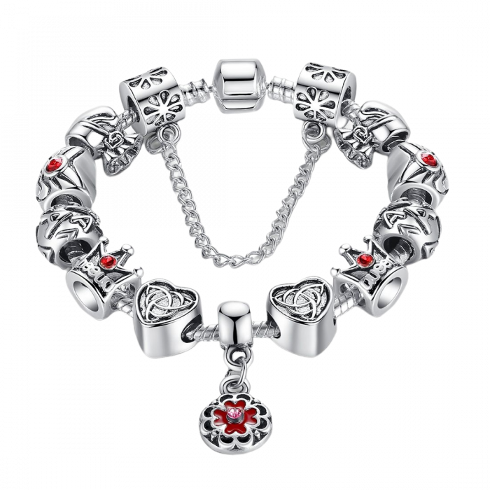 Bratara fantezie placata cu argint cu talismane inimioare si zirconii rosii BST0004 [1]