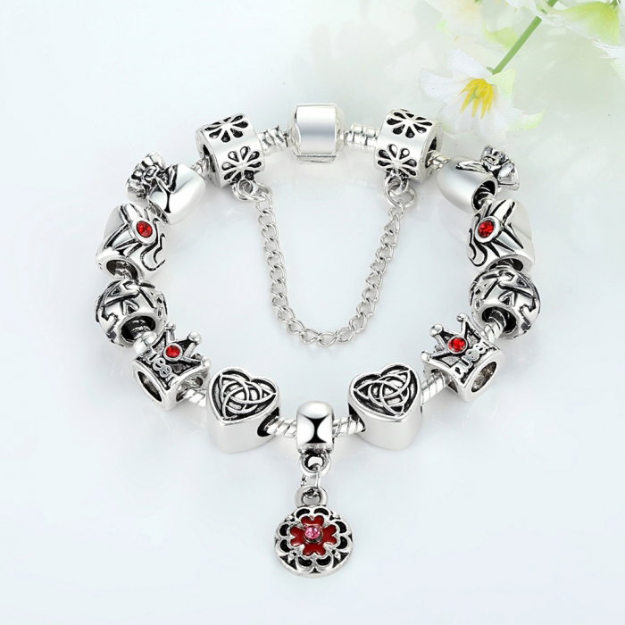 Bratara fantezie placata cu argint cu talismane inimioare si zirconii rosii BST0004 [4]