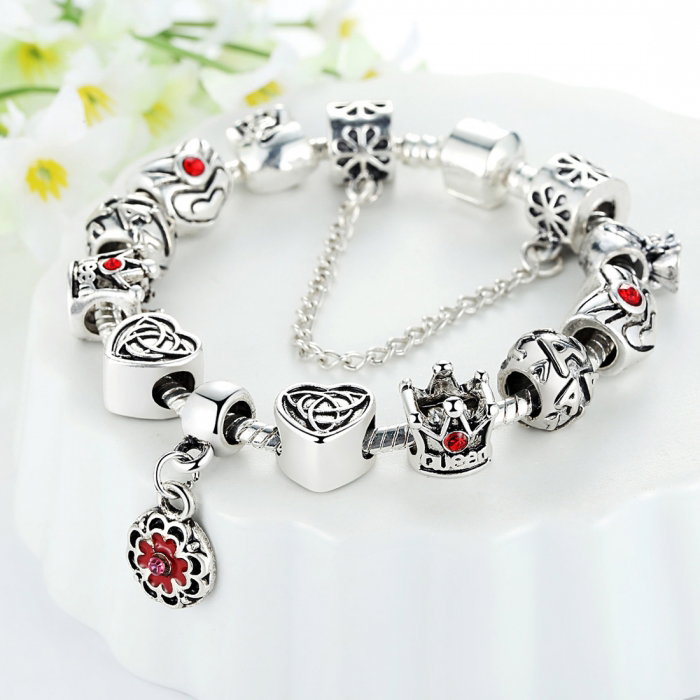 Bratara fantezie placata cu argint cu talismane inimioare si zirconii rosii BST0004 [2]