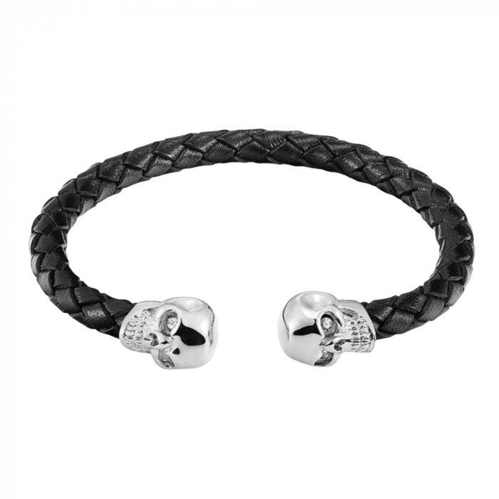 Bratara fixa din piele naturala impletita si cranii din inox. [1]
