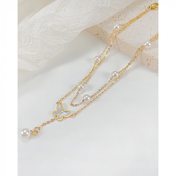 Bratara glezna dubla din inox cu perle si fluture [14]