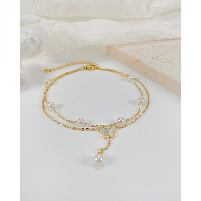 Bratara glezna dubla din inox cu perle si fluture [2]