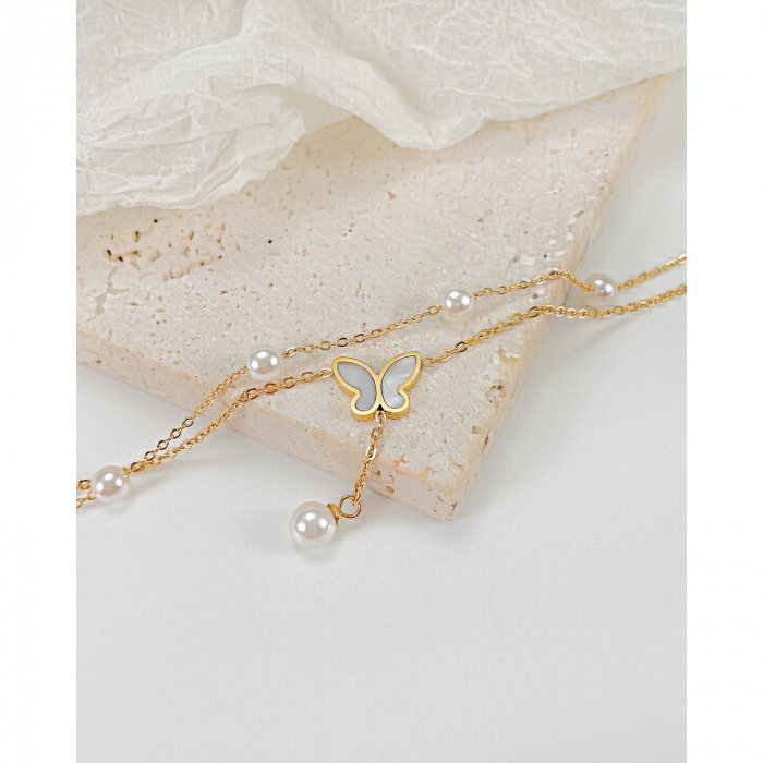 Bratara glezna dubla din inox cu perle si fluture [3]