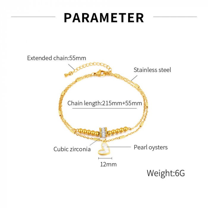 Bratara glezna inox auriu lant dublu cu abalone si zirconii 21,5 + 5,5 cm [3]