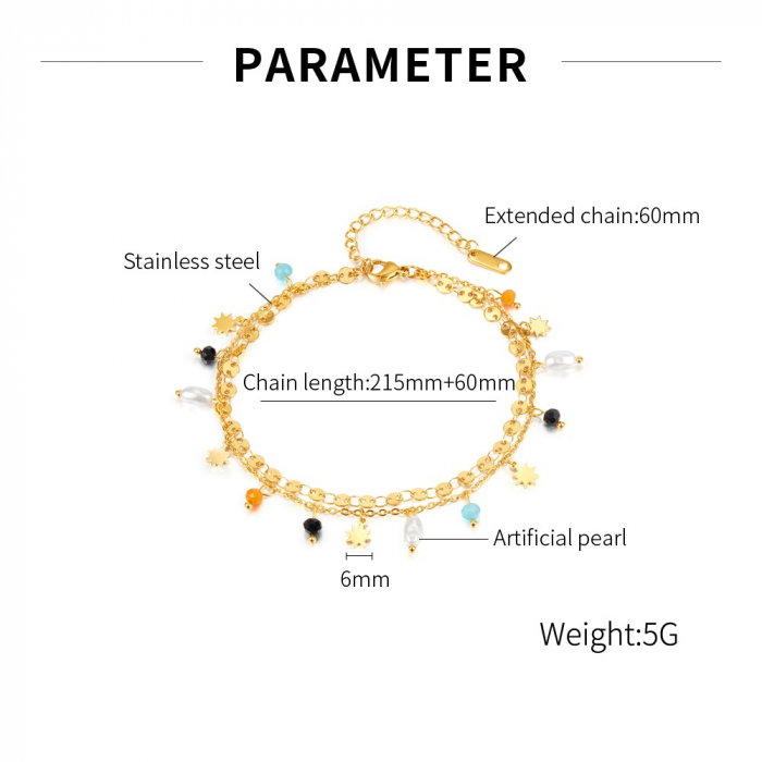 Bratara glezna inox auriu lant dublu cu margele si sori 21,5 + 6 cm [3]
