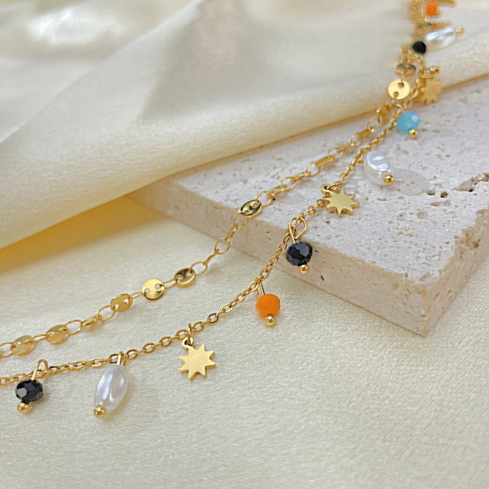 Bratara glezna inox auriu lant dublu cu margele si sori 21,5 + 6 cm [5]