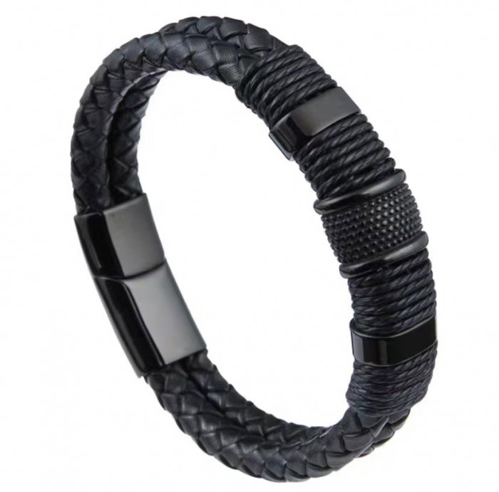 Bratara impletita din piele naturala cu inox negru [1]