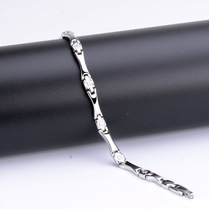 Bratara inox argintie cu zirconii, magneti, turmalina, germaniu si anioni [7]