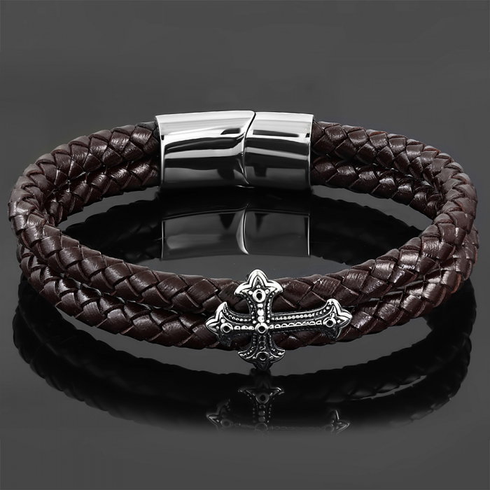 Bratara inox cu cruce si piele neagra impletita [2]