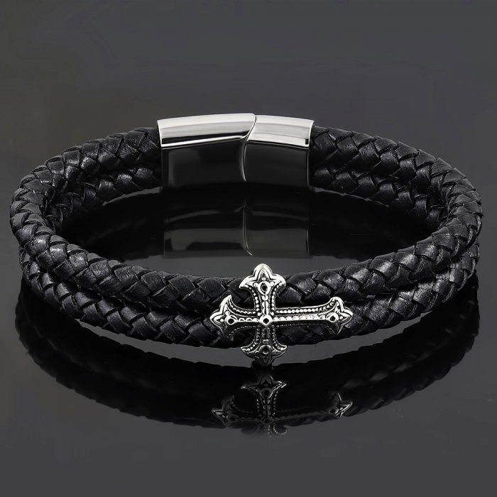 Bratara inox cu cruce si piele neagra impletita [2]