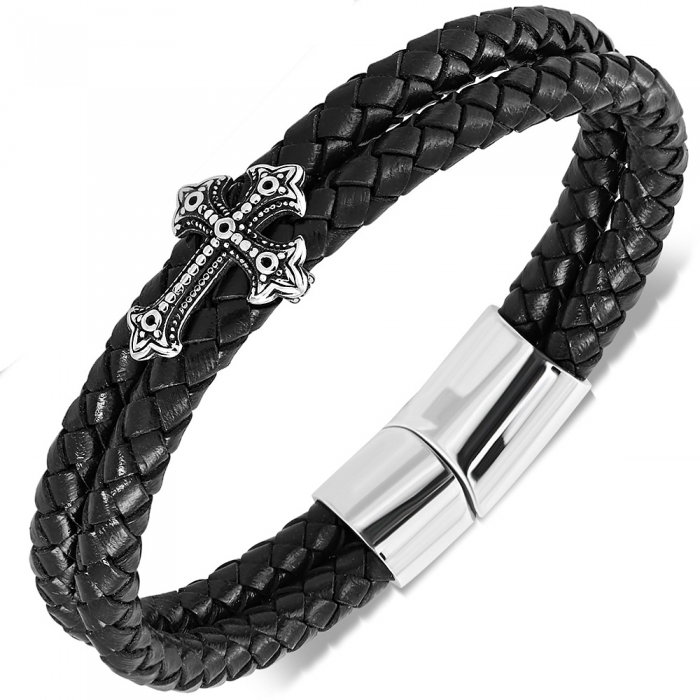 Bratara inox cu cruce si piele neagra impletita [1]