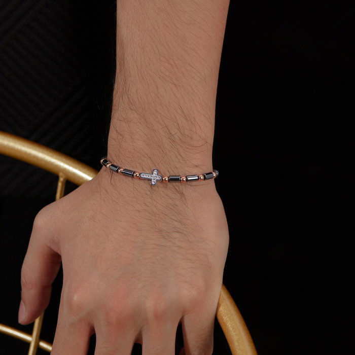 Bratara inox cu hematit, margele aurii si cruciulita [7]