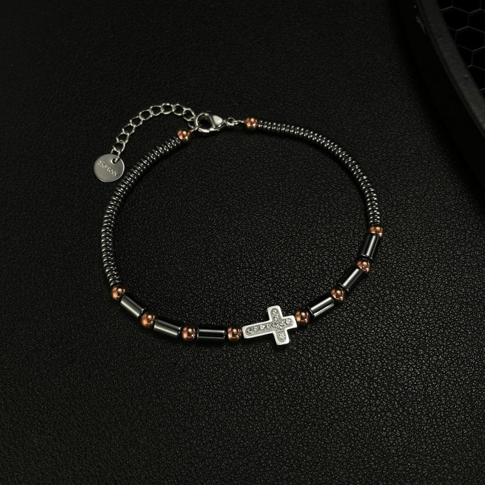 Bratara inox cu hematit, margele aurii si cruciulita [3]