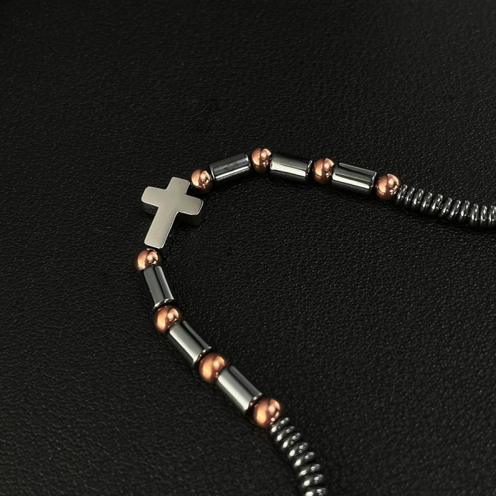 Bratara inox cu hematit, margele aurii si cruciulita [12]