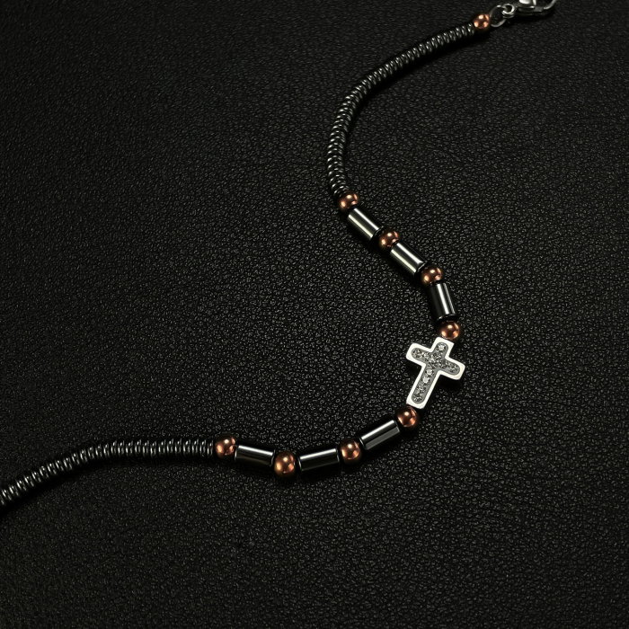 Bratara inox cu hematit, margele aurii si cruciulita [6]