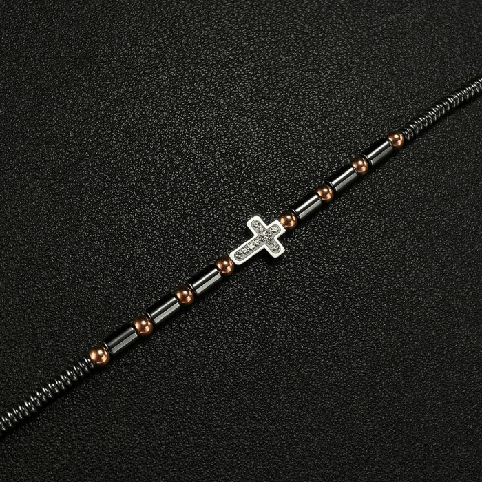 Bratara inox cu hematit, margele aurii si cruciulita [14]