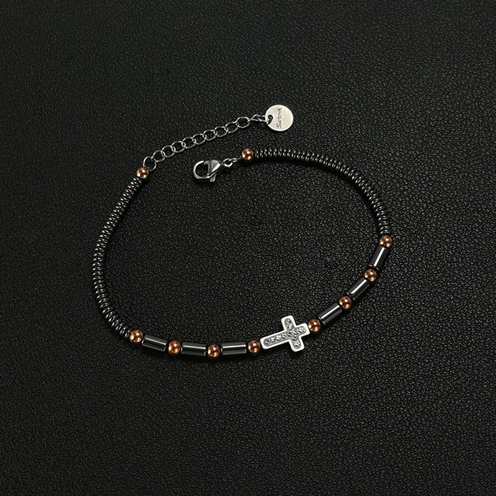 Bratara inox cu hematit, margele aurii si cruciulita [10]