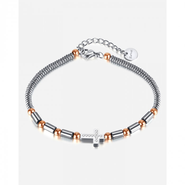 Bratara inox cu hematit, margele aurii si cruciulita [15]