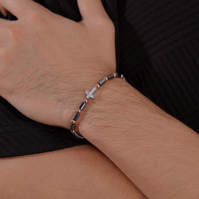 Bratara inox cu hematit, margele aurii si cruciulita [4]