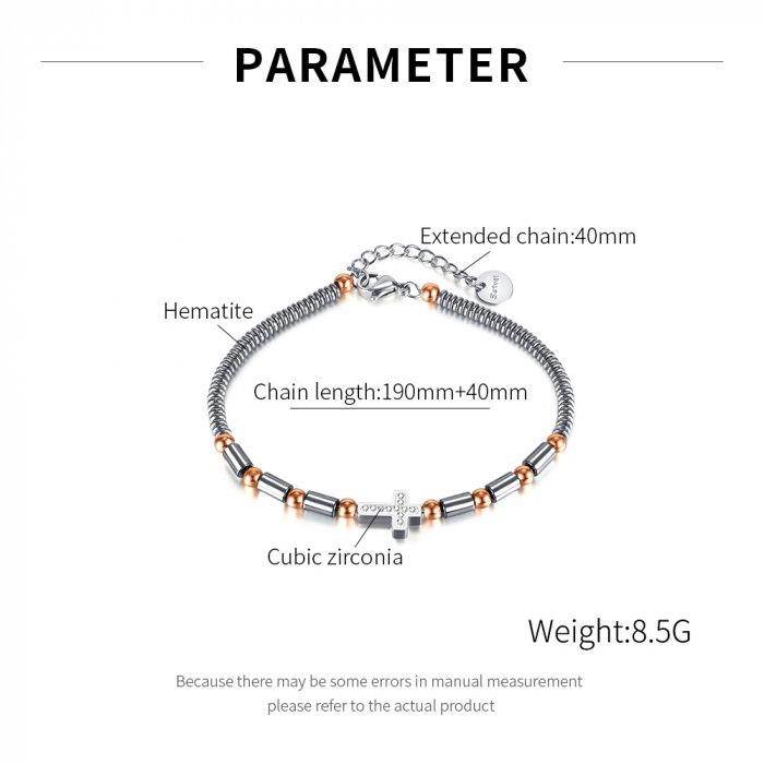 Bratara inox cu hematit, margele aurii si cruciulita [9]