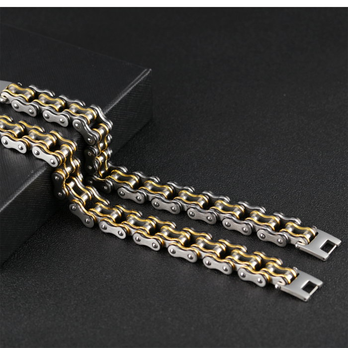 Bratara inox cu insertii aurii tip lant moto – Forta si rafinament masculin [4]
