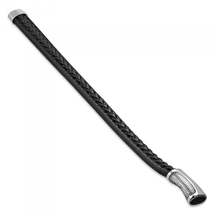 Bratara inox cu piele neagra impletita [2]