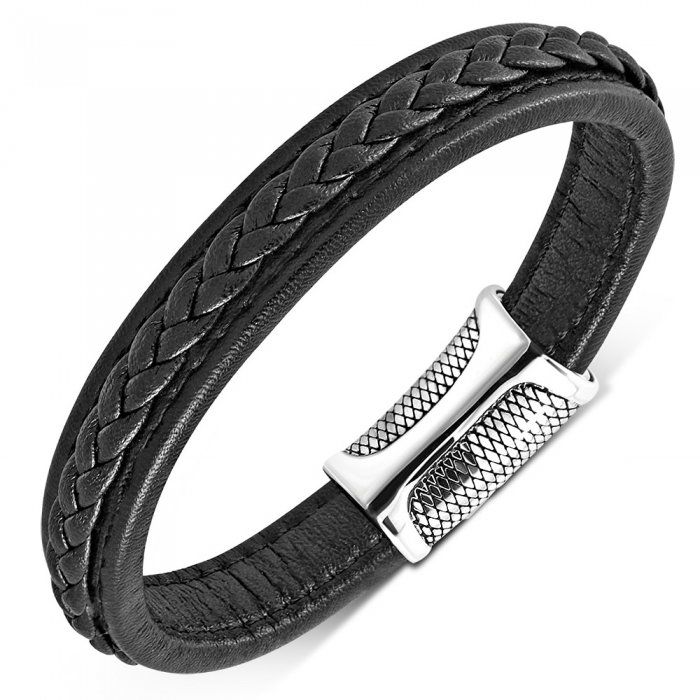 Bratara inox cu piele neagra impletita [1]
