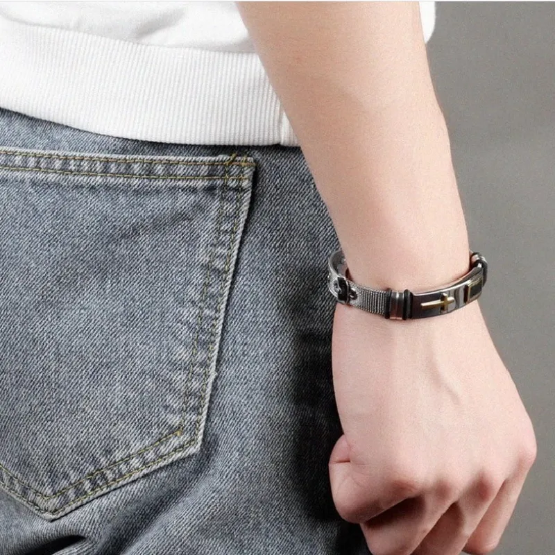 Bratara inox cu placuta argintie si cruce aurie [5]