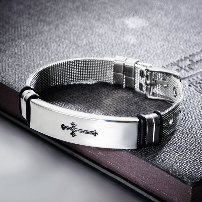 Bratara inox cu placuta argintie si cruce decupata [4]