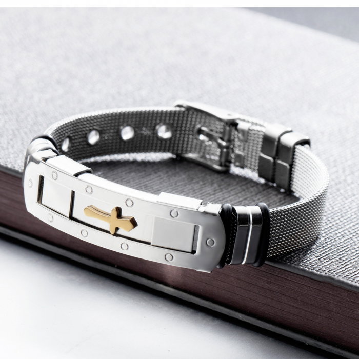 Bratara inox cu placuta argintie si cruce aurie [5]