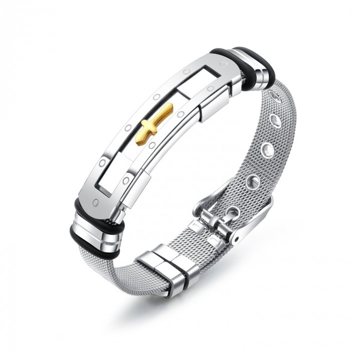 Bratara inox cu placuta argintie si cruce aurie [1]