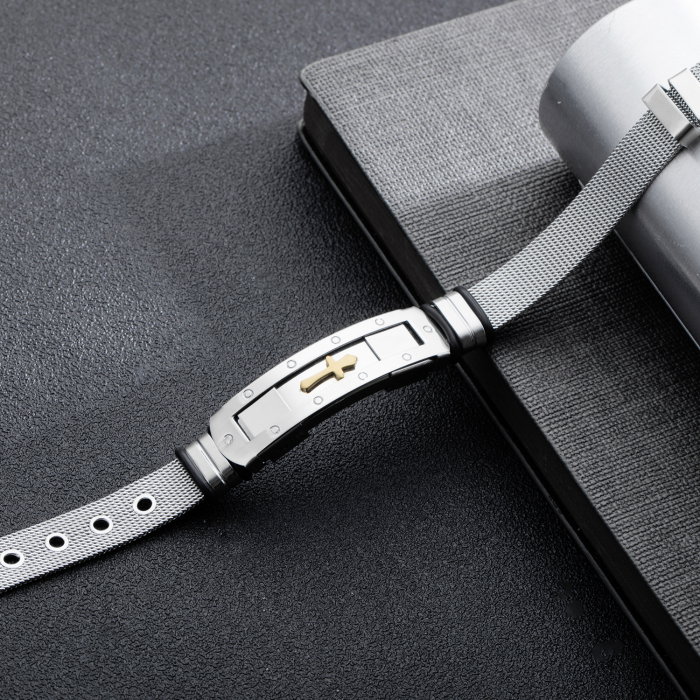 Bratara inox cu placuta argintie si cruce aurie [6]