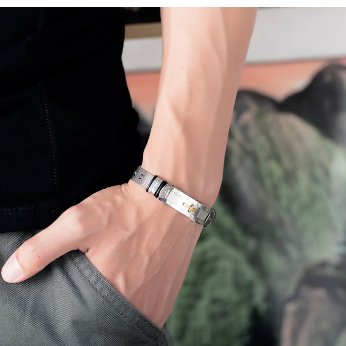 Bratara inox cu placuta argintie si cruce aurie [2]