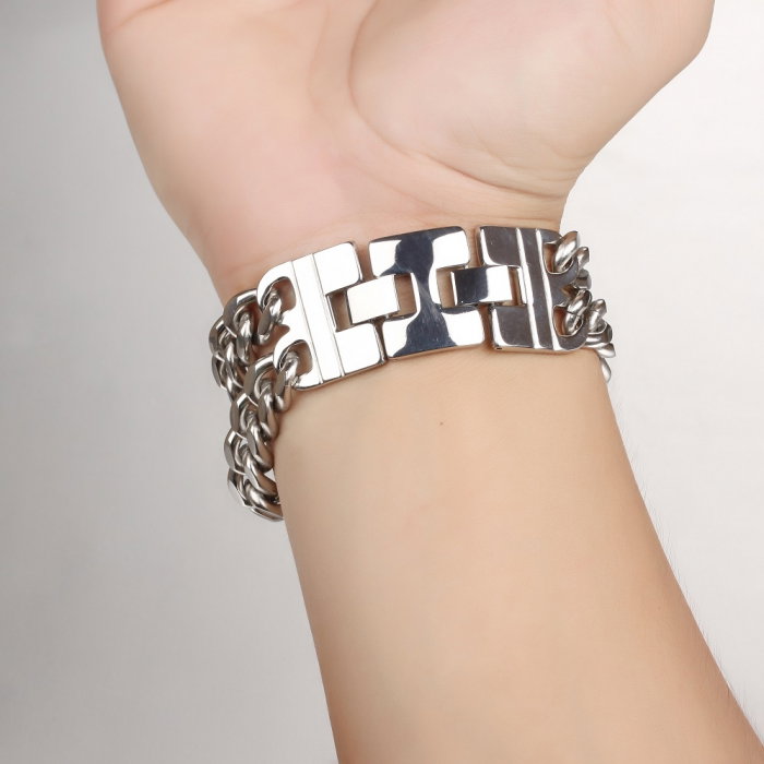 Bratara inox ajustabila cu placuta inscriptionabila si lant dublu [2]