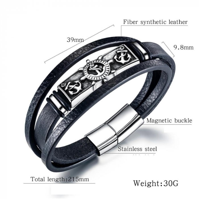 Bratara piele neagra cu placuta Nautical [6]