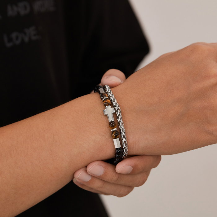 Bratara inox dubla reglabila cu Ochi de Tigru si Cruce [9]