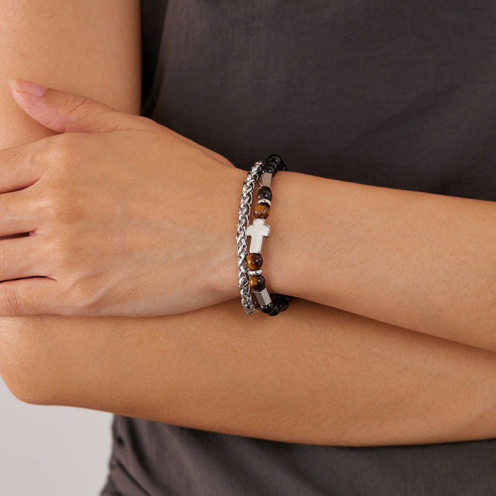 Bratara inox dubla reglabila cu Ochi de Tigru si Cruce [5]