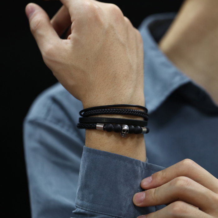 Bratara inox, piele, craniu si bazalt [11]