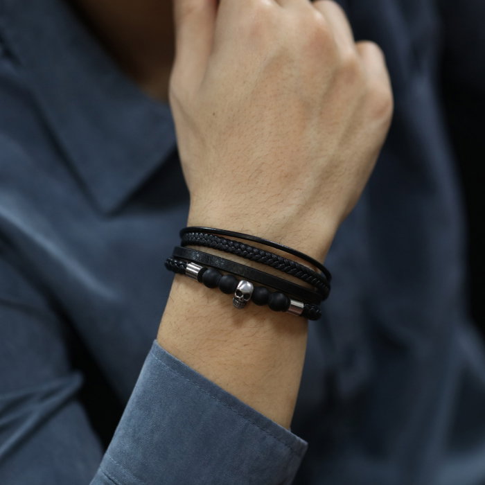 Bratara inox, piele, craniu si bazalt [12]