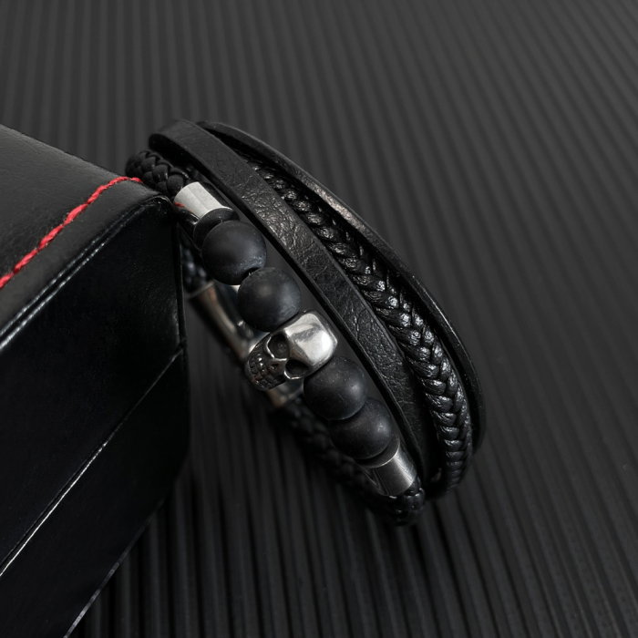 Bratara inox, piele, craniu si bazalt [2]