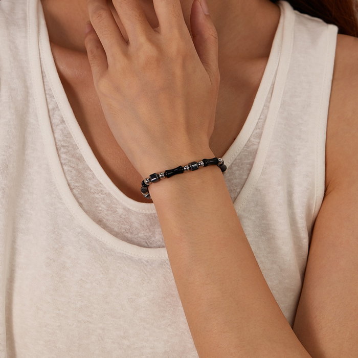 Bratara inox reglabila Bambus Negru cu Onix si Hematite [4]